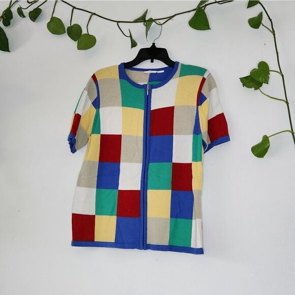 Vintage Sweaters - Multi Colored Checkerboard Zip Front Sweater Knit Short Sleeve Vintage 90s